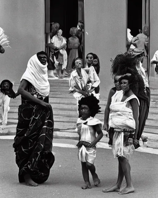 Image similar to Award winning reportage photo of Monegasque Natives with incredible hair wearing traditional garb by Garry Winogrand and Dian Arbus, 85mm ND 5, perfect lighting, gelatin silver process