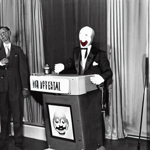 Image similar to photo of an old television showing a president that has a clown face and is giving a speech over a podium