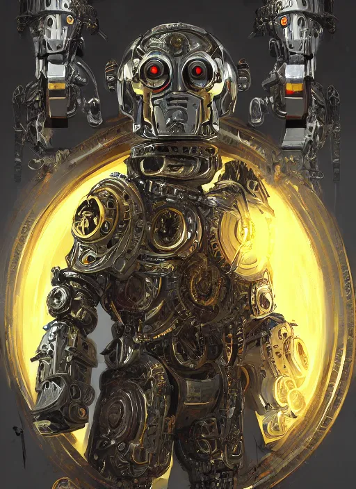 Prompt: full body, attack position abstract portrait of a intricate ornate holy mechanical warforged with circular glowing eye, character in yellow armor holding a paladin engraved great longsword drawn and carrying a big paladin shield, vertically flat head, face in focus, pit droid, epic , trending on ArtStation, masterpiece, cinematic lighting, by Ross Tran and by Greg Rutkowski