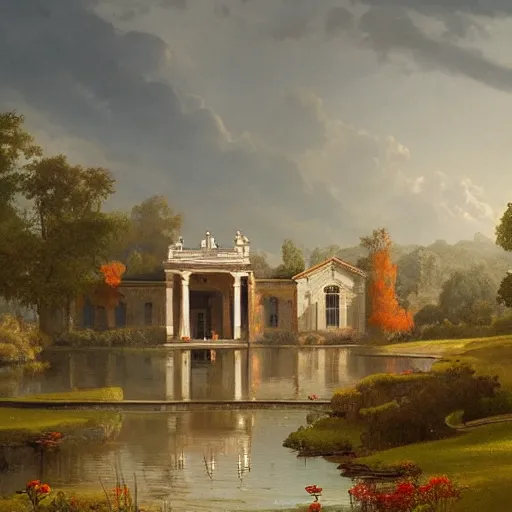 Image similar to a large serene beautiful matte painting of a delapitaded quaint french country mansion, by asher brown durand and greg rutkowski, featured on artstation, blue and orange color scheme