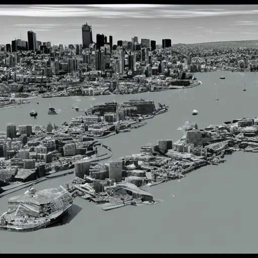 Prompt: sydney harbor but no water, apocalyptic drought 3d render