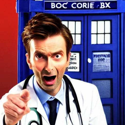 Image similar to closeup promotional image of an David Tennant as Doctor Who at a polka dance-off contest at the YMCA basketball gym, around the gym everyone is cheering, in the background the Tardis door is wide open to the interior, frenetic, quirky, movie still, promotional image, imax, digital art, hyper detailed, sharp focus, f8