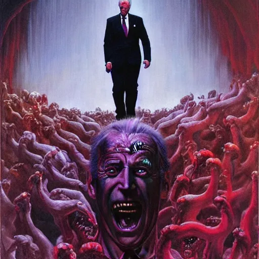 Image similar to epic Joe Biden in pandemonium, demons and souls, portrait, art by Wayne Barlowe, oil on canvas