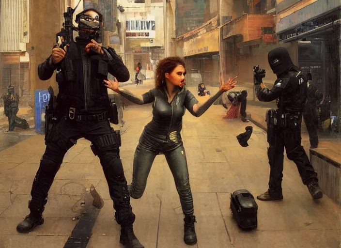 Prompt: Maria evades sgt Griggs. Cyberpunk hacker escaping Menacing Cyberpunk mall cop griggs. (dystopian, police state, Cyberpunk 2077, bladerunner 2049). Iranian orientalist portrait by john william waterhouse and Edwin Longsden Long and Theodore Ralli and Nasreddine Dinet, oil on canvas. Cinematic, vivid colors, hyper realism, realistic proportions, dramatic lighting, high detail 4k