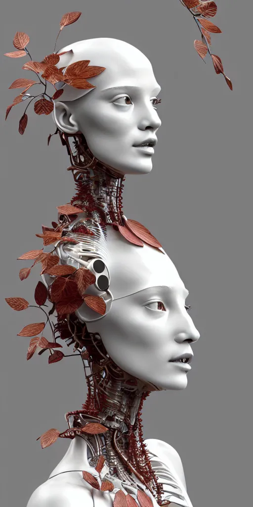 Image similar to complex 3d render ultra detailed of a beautiful porcelain profile woman face, mechanical vegetal cyborg, robotic parts, 150 mm, beautiful studio soft light, 3 point lighting, spot light, rim light, silver gold red details, luxurious, high tech gadget, cyberpunk, magnolia big filigran leaves and stems, roots, Alexander Mcqueen haute couture, fine foliage lace, mesh wire, filigran metallic intricate details, hyperrealistic, mandelbrot fractal, anatomical, silver metal armor, facial muscles, cable electric wires, microchip, elegant, white background, beautiful white teeth, octane render, H.R. Giger style, 8k