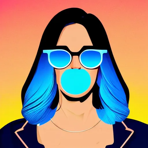 Image similar to a woman with light blue shutter shades in front of a sunset, a dark brown leather jacket, one side brown haircut with blue ends, vector art by jan tengnagel, pixabay contest winner, retrofuturism, retrowave, synthwave, outrun, portrait, synthwave