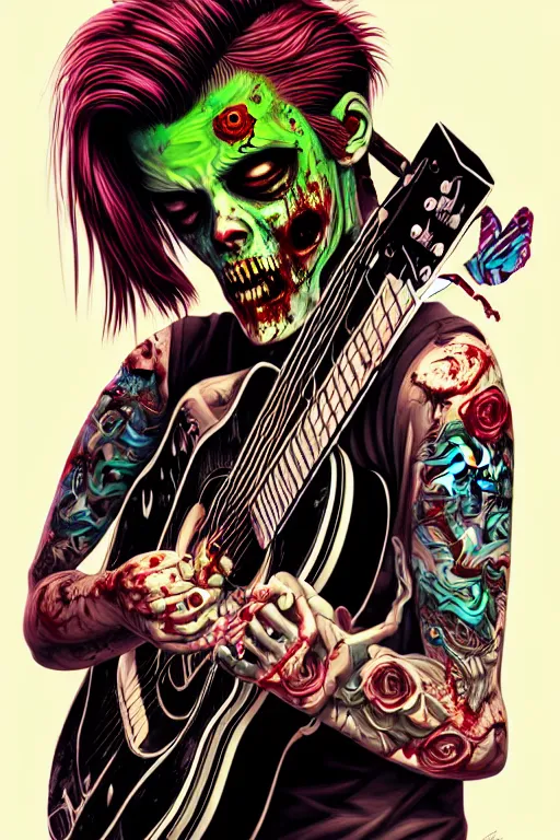 Image similar to zombie punk rocker playing acoustic guitar, tristan eaton, victo ngai, artgerm, rhads, ross draws, intricated details, 3 / 4 view, full body portrait