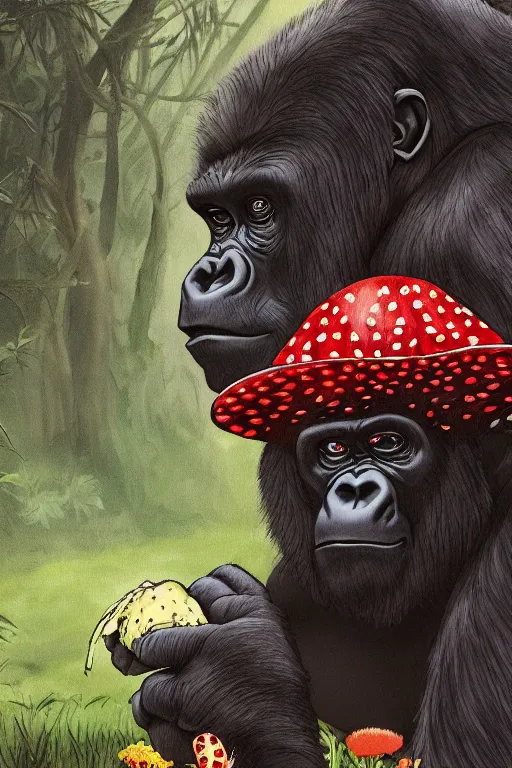 Prompt: gorilla listening to music by jeep holding a amanita muscaria, sunshine, by alba ballesta gonzalez and moebius. 4 k wallpaper, digital flat 2 d, japan animation, comic book, illustration, cinematic lighting, smooth sharp focus.