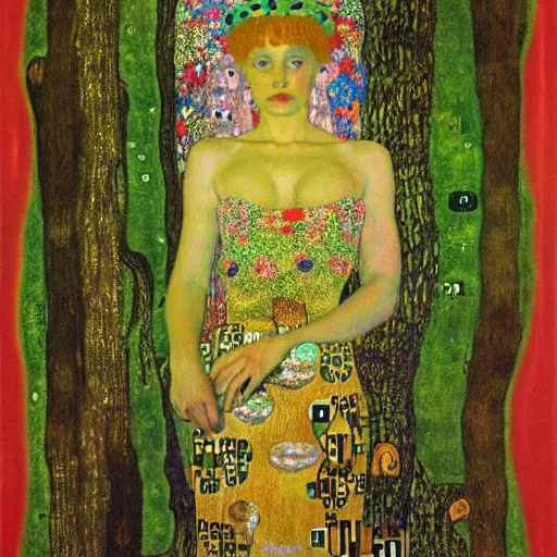 Prompt: portrait of a surreal goddess floating in the middle of a ancient wood, painting by Gustav Klimt and Andy Warhol