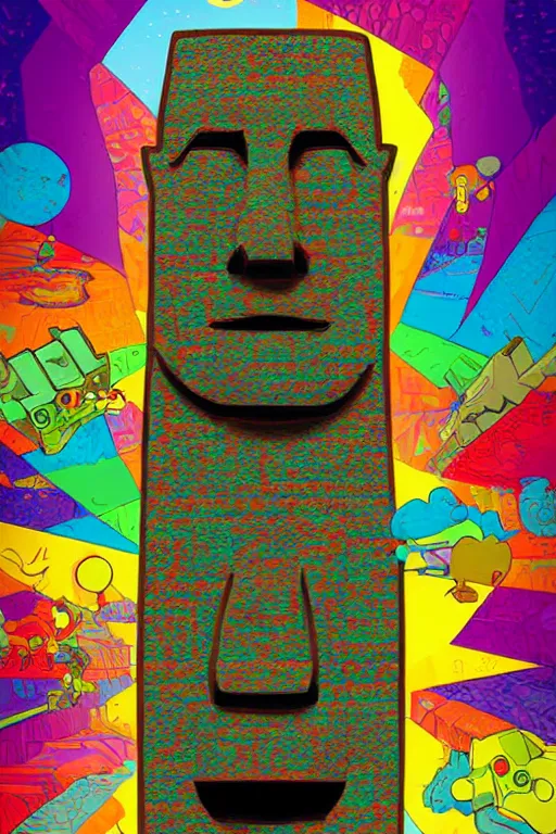 Prompt: sticker art, cronobreaker moai statue popart slap face caricature comic book illustration cartoon graffity street digital by os gemeos and aristarkh lentulov artstation bill cipher colorful vibrant beeple, by thomas kinkade