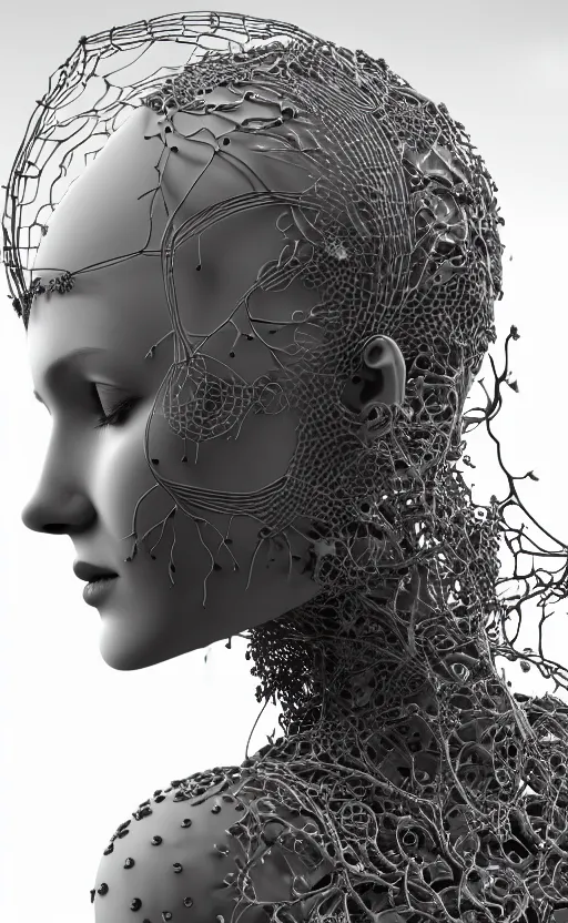 Prompt: black and white complex 3d render of a beautiful profile woman face, vegetal dragon cyborg, 150 mm, beautiful natural soft light, silver details, magnolia stems, roots, fine lace, maze like, mandelbot fractal, anatomical, facial muscles, cable wires, microchip, elegant, highly detailed, silver metalic armour, rim light, octane render, H.R. Giger style