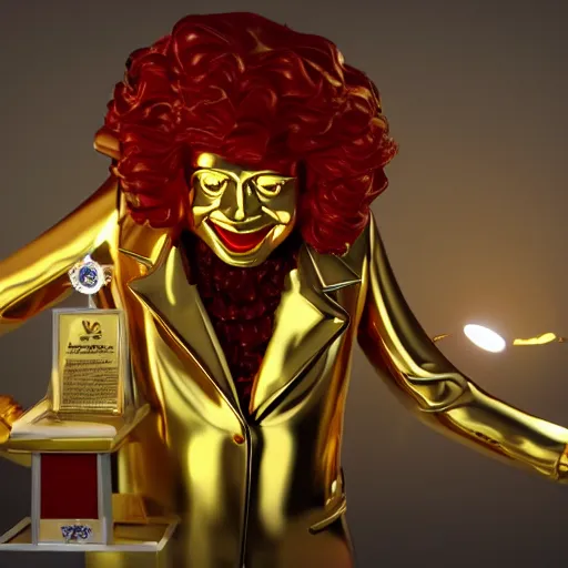 Image similar to A still of Ronald McDonald surrounded by gold and diamonds, Award-winning, photograph, 3d render, unreal engine, 4k detailed