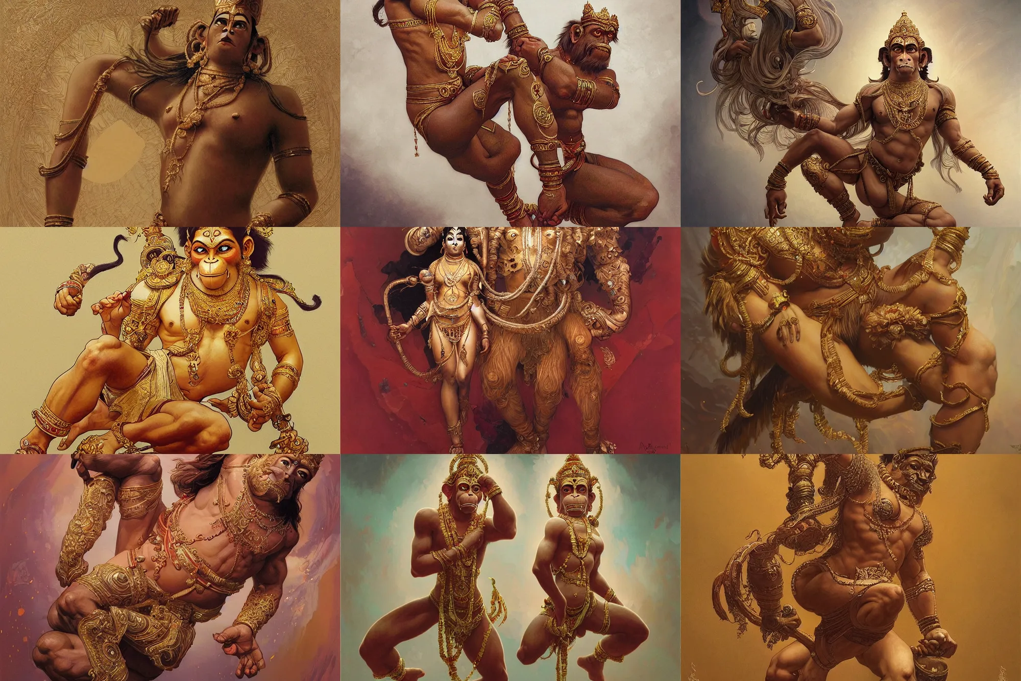 Prompt: a full body portrait of a beautiful ornated hanuman god, doing a side split!!!!!, intricate, elegant, highly detailed, digital painting, artstation, concept art, smooth, sharp focus, digital illustration, art by krenz cushart and artem demura and alphonse mucha