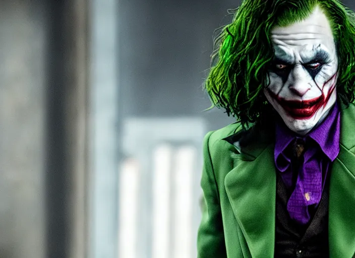 Prompt: film still of ezra miller as the joker in the new batman movie, 4 k