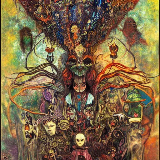 Image similar to princes of hell in alice in wonderland tripping on ayahuasca with faces in the background, intricate detail, painting, klimt, royo, frazetta, whealan,