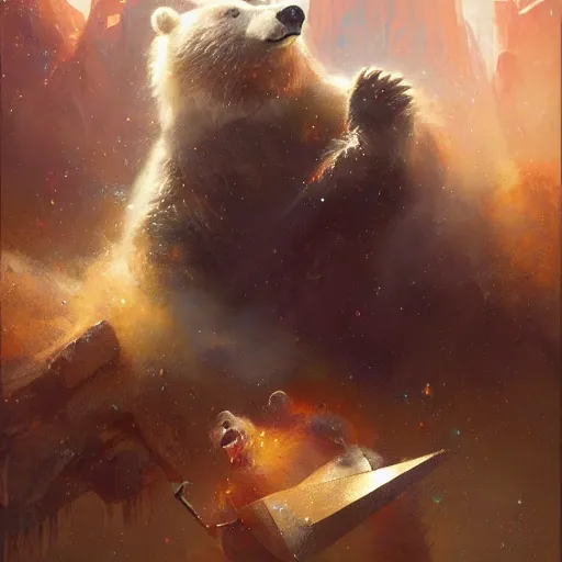 Image similar to realistic bear playing futuristic prismatic angular guitar, fantasy character portrait by Greg Rutkowski, Craig Mullins, Gaston Bussiere