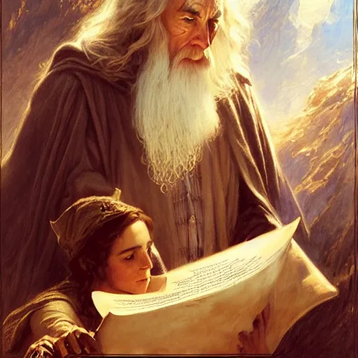 Image similar to gandalf and emma watson studying magic, highly detailed painting by gaston bussiere, craig mullins, j. c. leyendecker 8 k