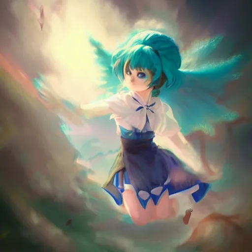 Prompt: cirno from touhou flying, matte painting by ross tran, artstation