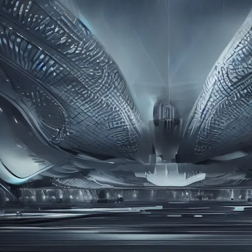 Image similar to sci-fi organic brutalism speed dynamic o x u wall panel on the coronation of napoleon painting and digital billboard in the middle, unreal engine 5, keyshot, octane, artstation trending, ultra high detail, ultra realistic, cinematic, 8k, 16k, in style of zaha hadid, in style of nanospace artstation, in plastic,dark, tilt shift,