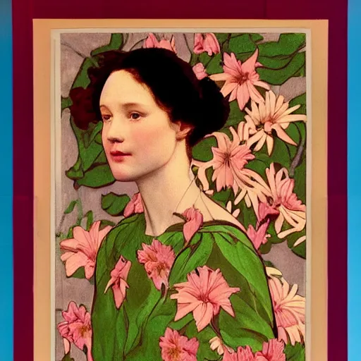 Prompt: a lot of flowers morphing in a beautiful girls face, film still by wes anderson, depicted by pontormo, limited color palette, very intricate, art nouveau, highly detailed, lights by hopper, soft pastel colors, minimalist