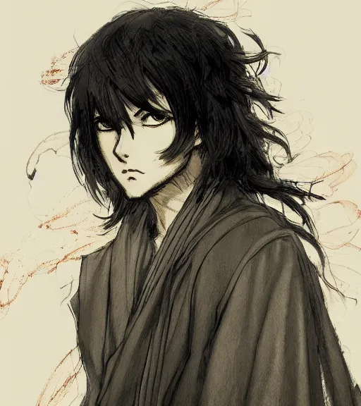 Image similar to portrait of anime boy with long hair wearing a dark robe, pen and ink, intricate line drawings, by craig mullins, ruan jia, kentaro miura, greg rutkowski, loundraw