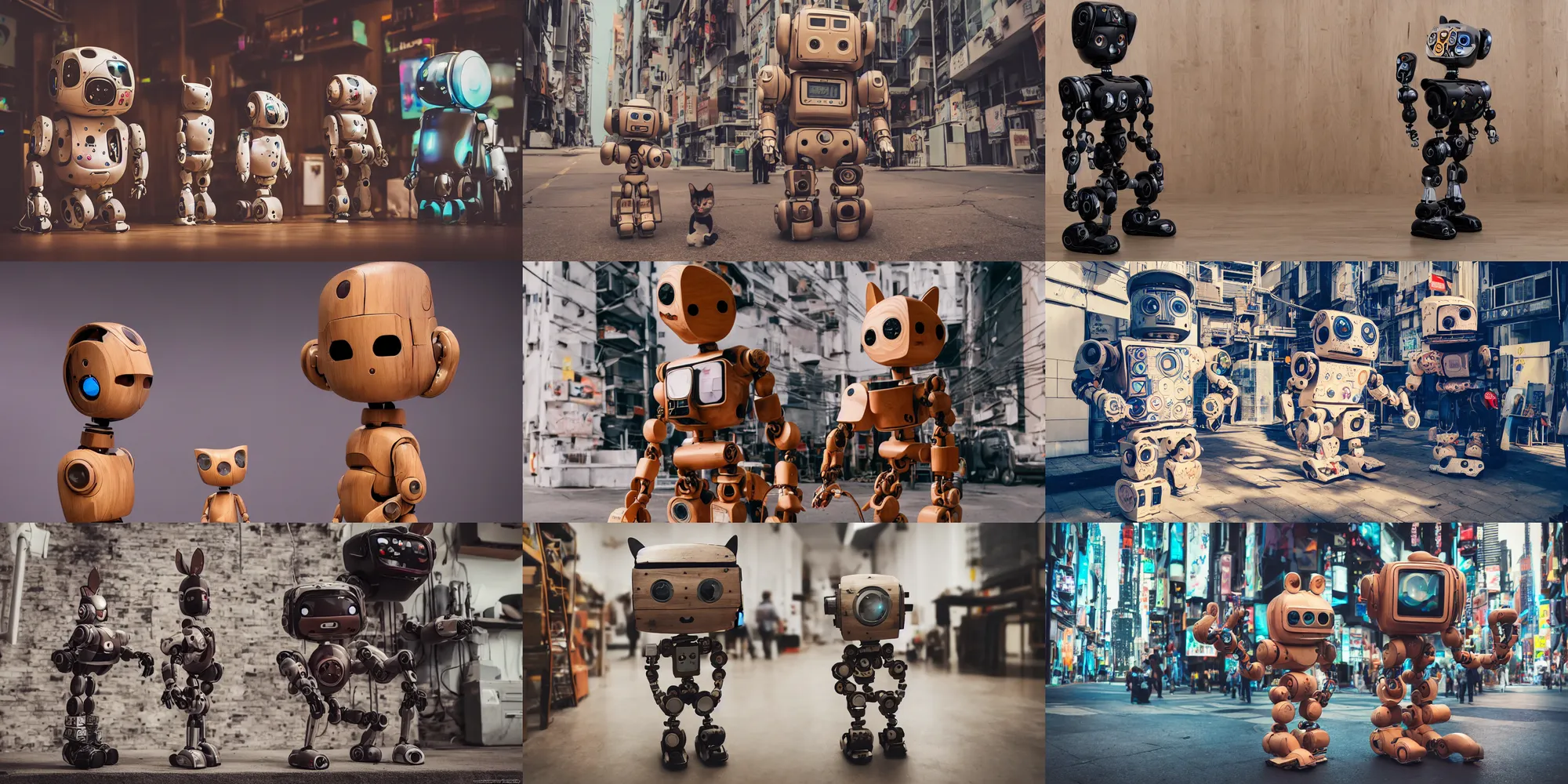 Prompt: 8k octan photo ,a wooden sculpture art toys on feet ,very cute robot zen with cat ears ,cyberpunk ,sci-fi ,a contemporary art gallery