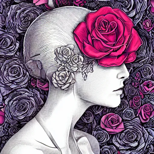 Image similar to the anatomy of a head of lettuce with roses that resemble a beautiful young woman, an ultrafine detailed illustration by james jean, intricate linework, bright colors, final fantasy, behance contest winner, vanitas, angular, altermodern, unreal engine 5 highly rendered, global illumination, radiant light, detailed and intricate environment