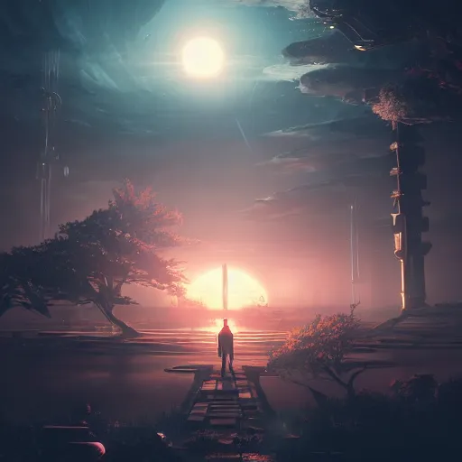 Prompt: beautiful landscape, nier automata, protoss temple, machine planet, pink sun, advanced technology, cinematic lighting, highly detailed, masterpiece, art by bastien grivet