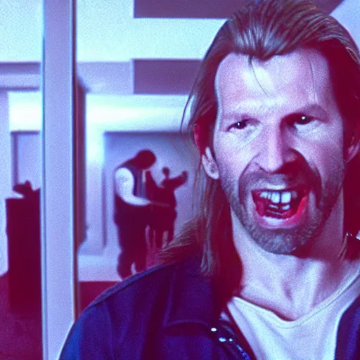 Image similar to a vhs still portrait of aphex twin breaking into the office from a gritty cyberpunk 2 0 0 0 s james cameron movie about the terminator. realism, cinematic lighting, 4 k. 8 mm. grainy. panavision.