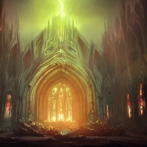 Image similar to a huge chaos dark eldritch cathedral filled with red ray traced light and corruption by WLOP and tony sart and bekinski, god rays, fantasy art, 4k, HDR, photorealistic, 8k, trending on artstation