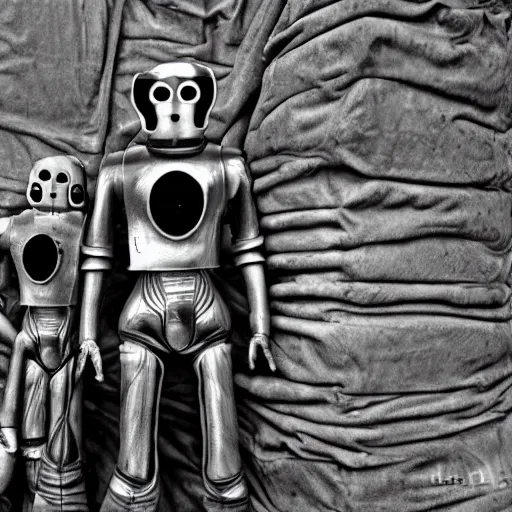 Prompt: cybermen in antarctica, creepy, black and white, 8mm