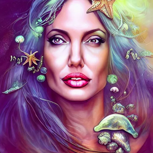 Prompt: “ angelina jolie portrait, fantasy, mermaid, hyperrealistic, game character, underwater,, highly detailed, cinematic lighting, pearls, glowing hair, shells, gills, crown, water, highlights, starfish, goddess, jewelry, realistic, digital art, pastel, magic, fiction, ocean, queen, colorful hair, sparkly eyes, fish, heroic, waves, bubbles ”