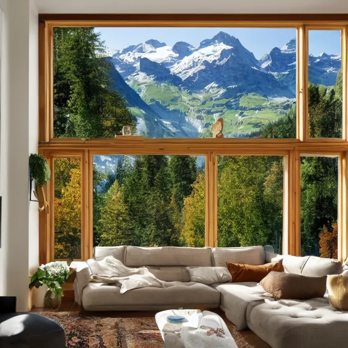 Image similar to fantastical living room with switzerland landscape in the window