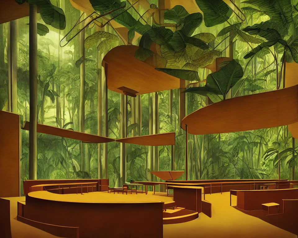 Prompt: a modernist courtroom in the rainforest by raphael and hopper. hyperdetailed, proportional, romantic, enchanting, achingly beautiful, graphic print, trending on artstation, jungle, tropical, foliage