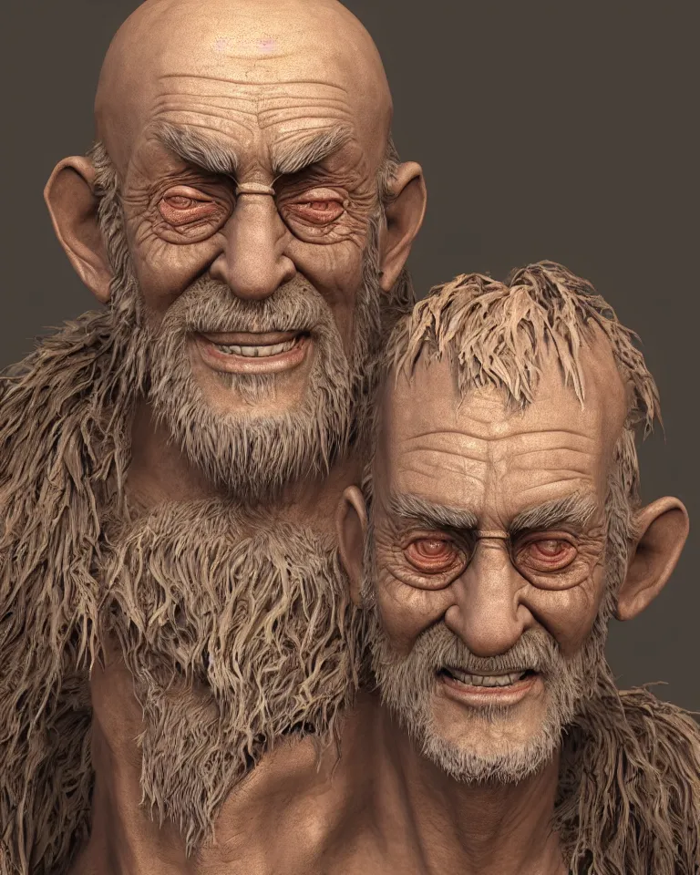 Prompt: A highly detailed portrait 3D render of a craggly old man, wise, gaunt, ancient. Smiling. ZBrush, Blender. Trending on cgsociety. Dramatic lighting. Beautiful. By Mark Mann and Jimmy Nelson.