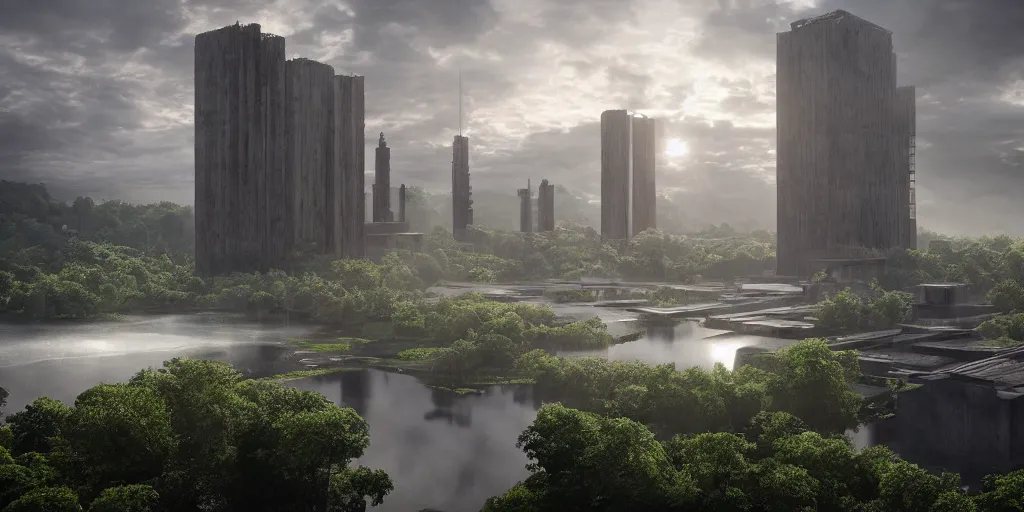 Prompt: a stunningly detailed cathedral of brutalist architecture, surrounded by lush green forest, ponds of water, stunning volumetric lighting, sunset, metal, concrete, stunning skies, trending on Artstation, 8k, photorealistic, hyper detailed, unreal engine 5, IMAX quality, cinematic, epic lighting, in the style of Greg Rutkowski