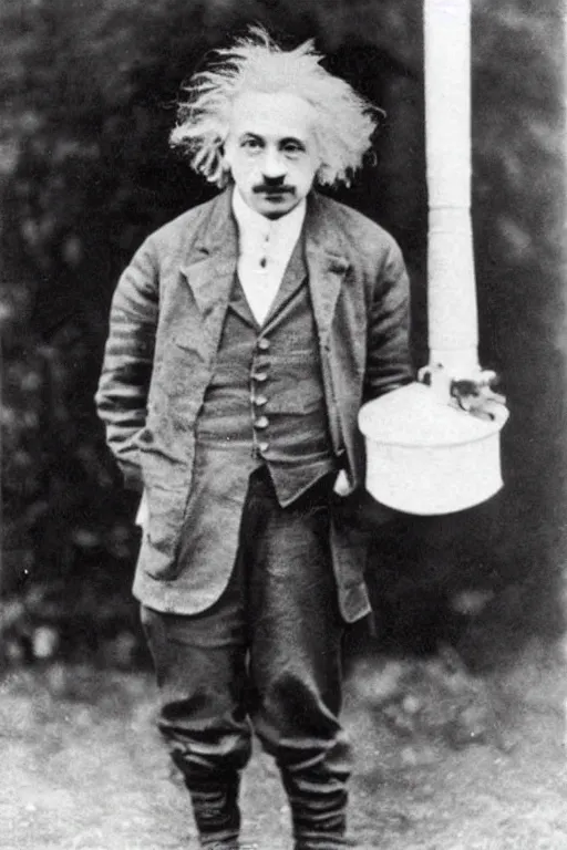 Image similar to Young Albert Einstein wearing a dunce cap, 1920's black and white photograph