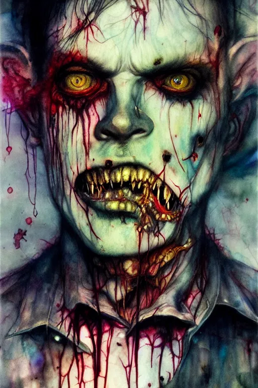 Prompt: zombie cop by agnes cecile, enki bilal, brian froud, bernie wrightson, intricated details, 3 / 4 view, full body portrait, extremely luminous bright design, horror, pastel colours, toxic drips, autumn lights