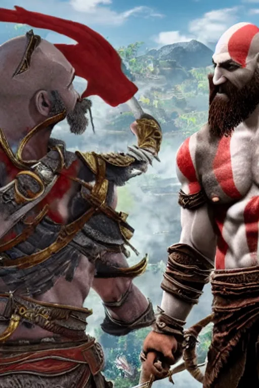 Image similar to TV news interviewing Kratos from god of war