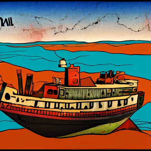 Image similar to an abandoned ship on the aral sea desert, in the style of daniel johnston and outsider art, 8 k, line brush, graduated colors, overlaid with cyrillic adverts