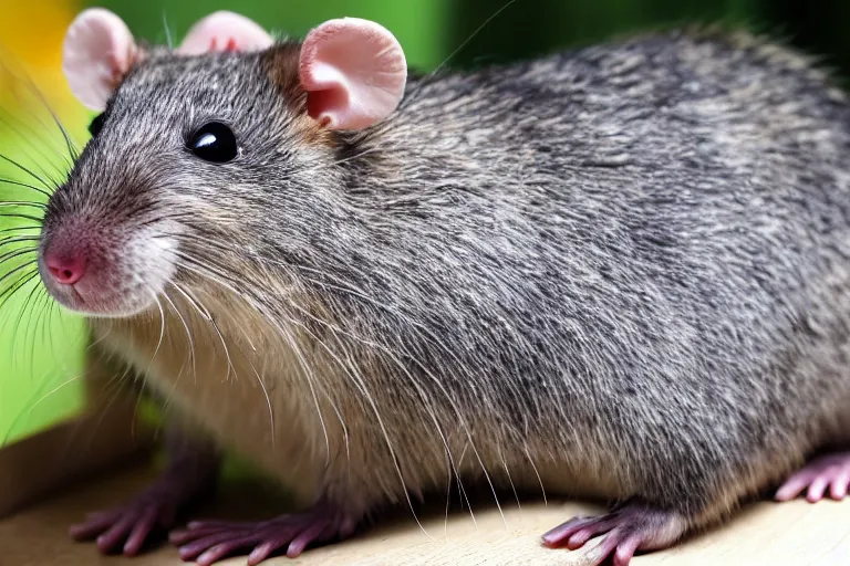 Image similar to photo, smiling! furry antropomorphic rat! eats thick internet cable! highly detailed, intricate details