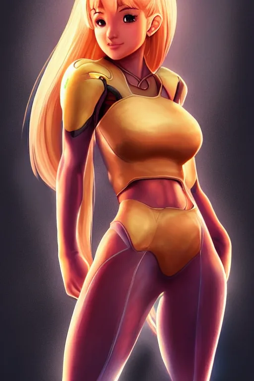 Image similar to Ariana Grande as Samus Aran, golden hour, by greg Rutkowksi, by artgerm