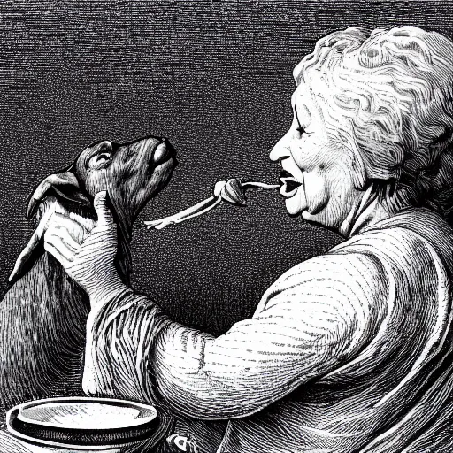 Prompt: an illustration of an old woman easily swallowing a whole goat