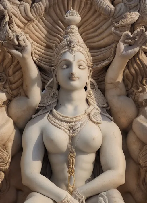 Image similar to wide - angle shot of marble statue of shiva, depth of field, zeiss lens, detailed, symmetrical, centered, fashion photoshoot, by nicoletta ceccoli, mark ryden, lostfish, earl nore, hyung tae, frank frazetta, breathtaking, 8 k resolution, extremely detailed, beautiful, establishing shot, artistic, hyperrealistic, octane render