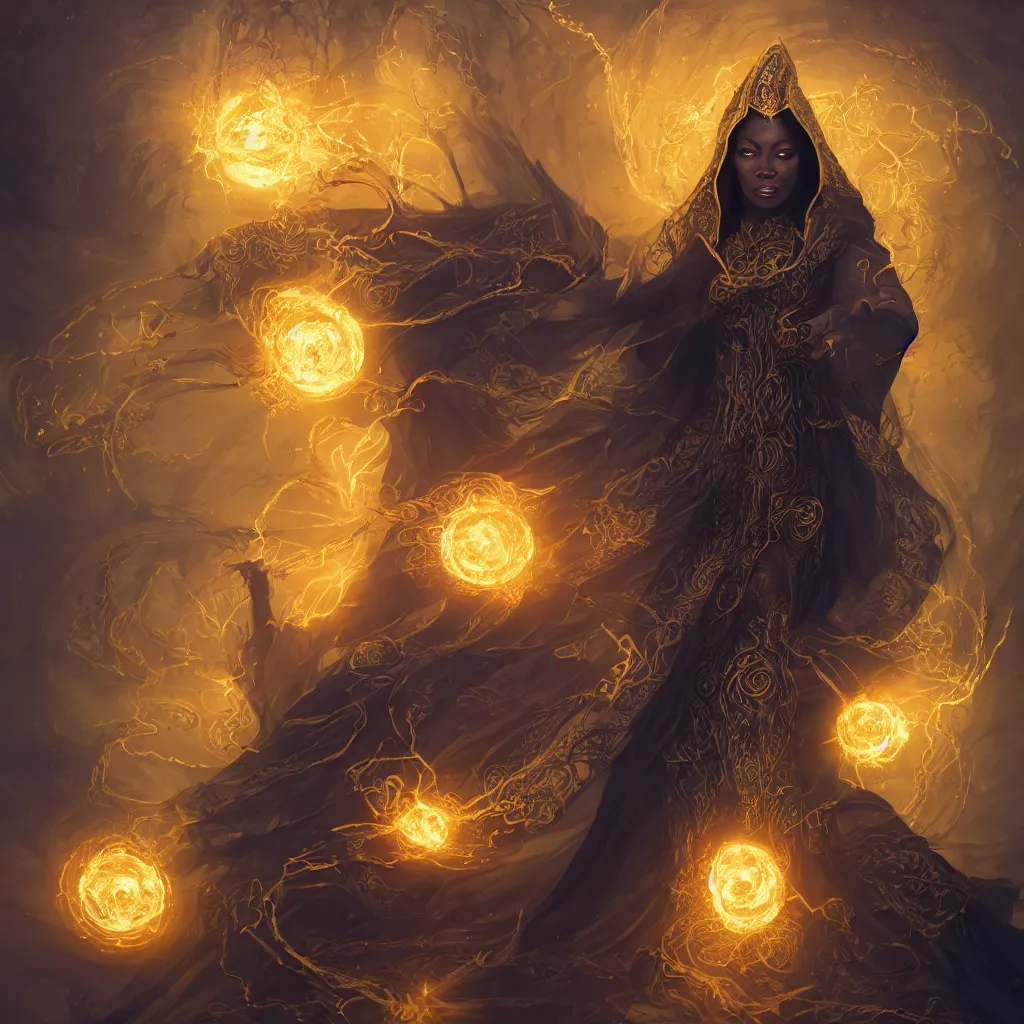 Prompt: gorgeous black orisha woman as a spellcaster mage, dynamic pose full body, hand holding a golden fireball spell, intricate flowing robes, black and golden cloak and hood, Octane render, rule of thirds, golden ratio, 8k, Peter Mohrbacher