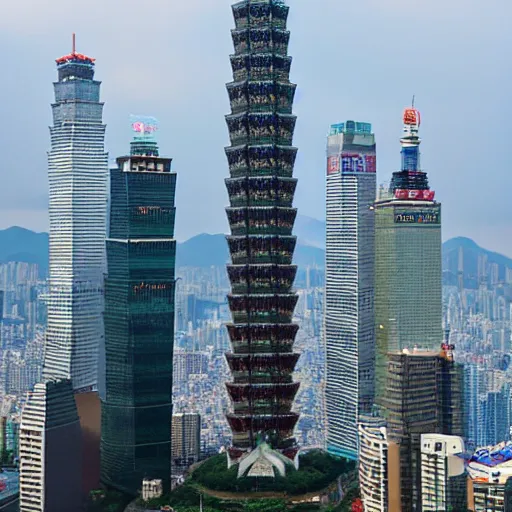 Prompt: Taipei 101 fighting with the Latinoamericana tower