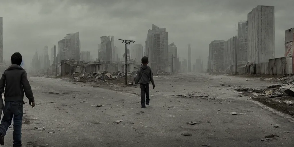 Image similar to A young boy and his father walk down a long road in a grey, ruined, post apocalyptic city, cinematic