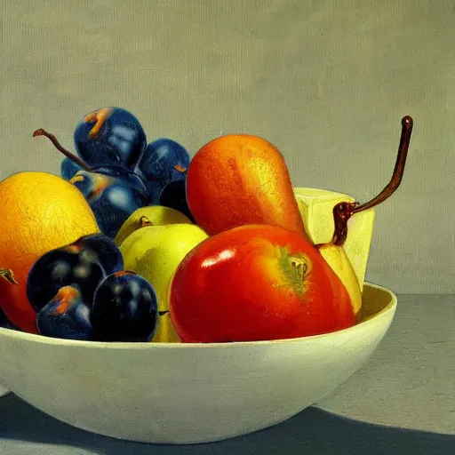 Image similar to in the style of Vincent Di Fate and Chris Moore, a bowl of fruits, very highly detailed, 8k, wallpaper