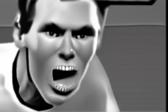 Image similar to a black and white screenshot from a vhs tape of jerma with his mouth unhinged and wide open in the dark