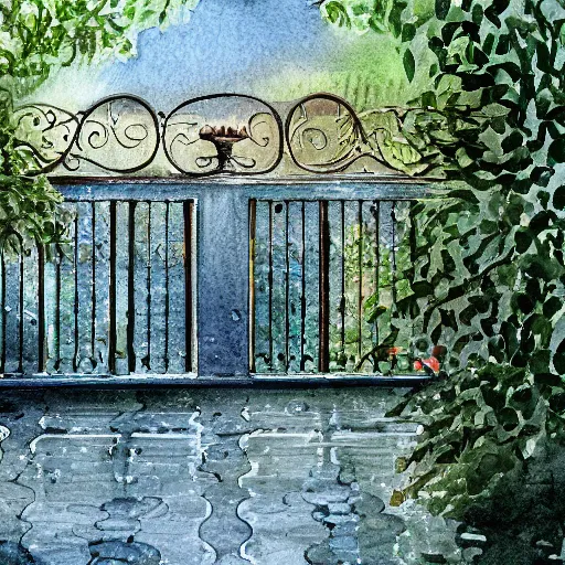 Image similar to delicate rain, symmetric, chairs, garden, paved, botanic watercolors, iridescent, 8 k, realistic shaded, fine details, artstation, italian, iron gate, tree, mediterranean